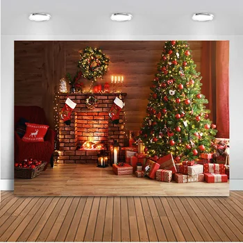 Kalėdų eglutė židinys fone fotografijos derliaus šventė šalies dekoravimo, dovanų kojinių foto fonas studija
