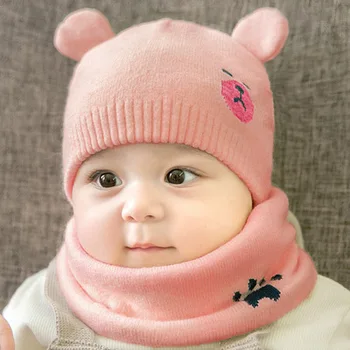 Kūdikių Reikmenys Bamblys Mergaičių Mergaitė Kūdikių Skrybėlę Žiemos Trikotažo Beanie Kepurė Hat+Šalikas 2vnt Karšto Pardavimo Nustatytas 0-24Months