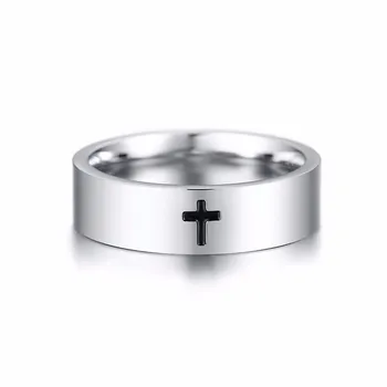 6MM Juodo Emalio Kryžiaus Žiedas iš Nerūdijančio Plieno Vestuvių Juostoje