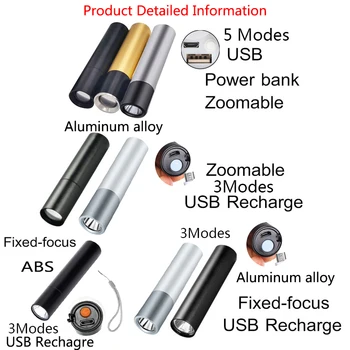 5 Režimai Nešiojamas Žibintuvėlis LED Žibintuvėlis Galia Banko Funkcija, Built-In Baterijos USB Įkrovimo Mini Žibintuvėlis Kempingas Žibinto Lemputė
