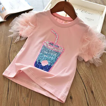 Trumpas Rankovės Vasaros Mergaičių marškinėliai Flamingo Vienaragis Animacinių filmų Spausdinimo antgaliai, skirti Kūdikių, Mergaičių Drabužiai Blizgučiais Marškinėlius 3-8Yrs Bamblys