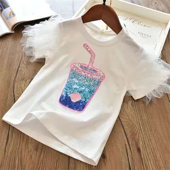 Trumpas Rankovės Vasaros Mergaičių marškinėliai Flamingo Vienaragis Animacinių filmų Spausdinimo antgaliai, skirti Kūdikių, Mergaičių Drabužiai Blizgučiais Marškinėlius 3-8Yrs Bamblys