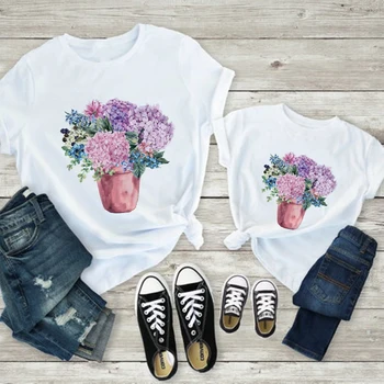 Gėlių marškinėliai Baby Girl Drabužiai Mama ir Dukra Suknelė Tėtis ir Sūnus Drabužius Marškinėlius Karšto Oro Baliono Šeima Atrodo Komplektus Marškinėlius