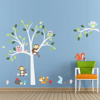 Miško Gyvūnai Medis sienų lipdukai vaikų kambario Beždžionė pelėda laukinių Džiunglių Sienos Lipdukas Baby vaikų Darželio Miegamojo Puošimas Plakatas Freskos 1piece