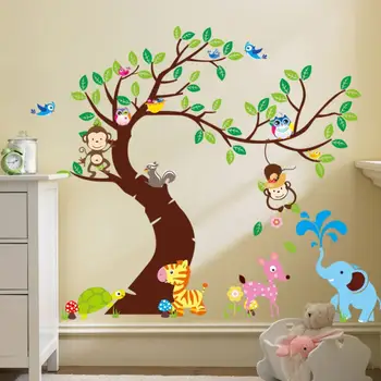 Miško Gyvūnai Medis sienų lipdukai vaikų kambario Beždžionė pelėda laukinių Džiunglių Sienos Lipdukas Baby vaikų Darželio Miegamojo Puošimas Plakatas Freskos 1piece