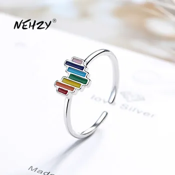 NEHZY 925 Sterlingas Sidabro Naujų Moteris bižuterijos Aukštos Kokybės Rainbow Crystal Cirkonis Širdies Žiedas Reguliuojamas Dydis Atviras Žiedas