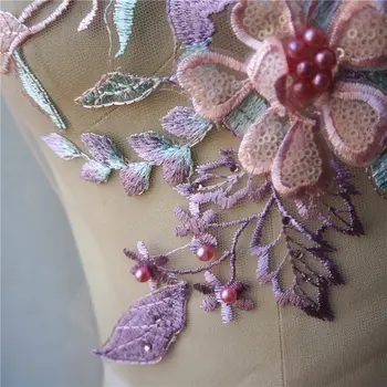 Purpurinis Rožinis 3D Gėlių Nėrinių Audinys China Karoliukai, kalnų krištolas, Siuvinėta Suknelė Appliques Apykaklės Siūti Pleistras, Vestuvių Dekoravimas