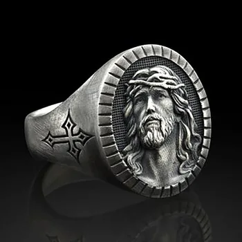 Senovinių Sidabro Spalvos Jėzaus Kryžiaus Žiedas Vyrams, Moterims Populiarus Mados Religinių Įsitikinimų, Papuošalai