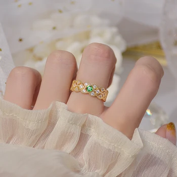 Prabangus, Subtilus, Smaragdas Deimantas Atidaryti Dizaino Žiedas Lediniame Iš Restorano Micro Apdaila Cirkonis Perlas Žiedas Reguliuojamas Papuošalai Pakabukas