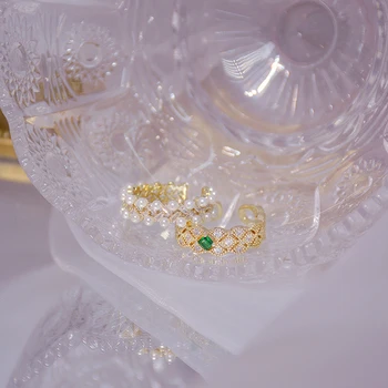 Prabangus, Subtilus, Smaragdas Deimantas Atidaryti Dizaino Žiedas Lediniame Iš Restorano Micro Apdaila Cirkonis Perlas Žiedas Reguliuojamas Papuošalai Pakabukas