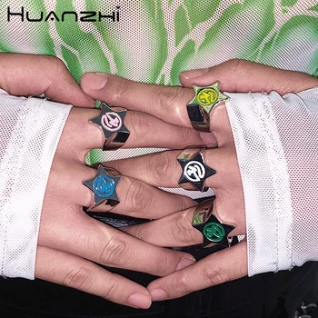 HUANZHI 2020 m. Naujo Dizaino Perdėti Spalva Lašelinę Glazūra Simbolis Hip-Hop Metalo Žvaigždės Atidarymo Žiedai Moterims Žmogus, Šaliai, Papuošalai