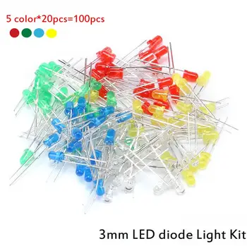 100vnt/daug 5 Spalvų F3 3MM Apvalus LED Asortimentas Rinkinys Itin Šviesus Vanduo skaidrus Žalias/Geltonas/Mėlynas/Balta/Raudona, Šviesos diodai