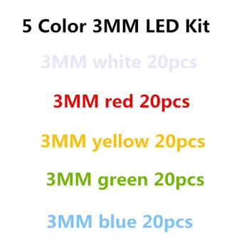 100vnt/daug 5 Spalvų F3 3MM Apvalus LED Asortimentas Rinkinys Itin Šviesus Vanduo skaidrus Žalias/Geltonas/Mėlynas/Balta/Raudona, Šviesos diodai