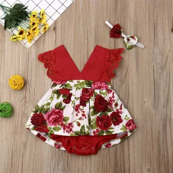 2019 m. Vasarą baby girl drabužiai nustatyti Gėlių Romper + Lankelis Pynimas False Suknelės baby girl drabužiai Naujagimiams Komplektai