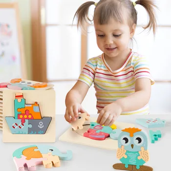 Aukštos kokybės kūdikis 3D medinė dėlionė švietimo žaislai, ankstyvo mokymosi pažinimo vaikams, cartoon suvokti žvalgybos dėlionės