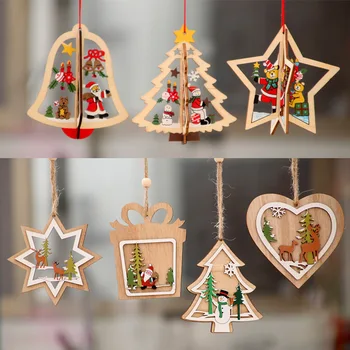 1Pc Kalėdų Ornamentu Mediniai Kabinti Pakabučiai Star Snaigės Kalėdų Medžio Bell Kalėdų Dekoracijas namams Šalies naujieji Metai