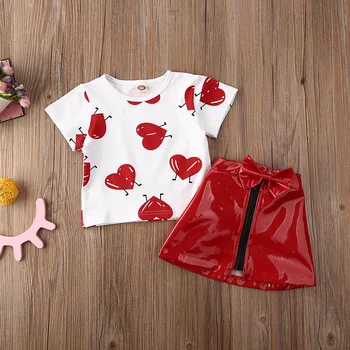 Valentino Dieną Kid Baby Girl Drabužių Rinkiniai Meilės Atspausdintas T-shirt Viršūnes ir Odos Zip Sijonas Vasaros Komplektus 0-5 Metų