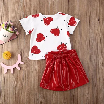 Valentino Dieną Kid Baby Girl Drabužių Rinkiniai Meilės Atspausdintas T-shirt Viršūnes ir Odos Zip Sijonas Vasaros Komplektus 0-5 Metų