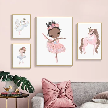Rožinė Baleto Šokių Mergaitė, Drobė, Tapyba Vaikams, Cartoon Vaikų Darželio Plakatai Šiaurės Merginos Spaudinių Miegamojo Puošimas Sienų Apdaila