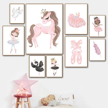 Rožinė Baleto Šokių Mergaitė, Drobė, Tapyba Vaikams, Cartoon Vaikų Darželio Plakatai Šiaurės Merginos Spaudinių Miegamojo Puošimas Sienų Apdaila