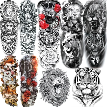 Visiškai Rankos Laikinos Tatuiruotės Rankovėmis Vyrams, Moterims Netikrą Tigras, Vilkas, Liūtas Tatoos Realus 