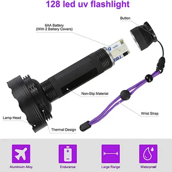 UV Žibintuvėlis 395 Nm 128 Led Lempos 18W UV LED Žibintuvėlis Šviesos Augintinio šlapimo tyrimus & Šunų Kačių Šlapimo Detektorius,6 x AA Baterijos