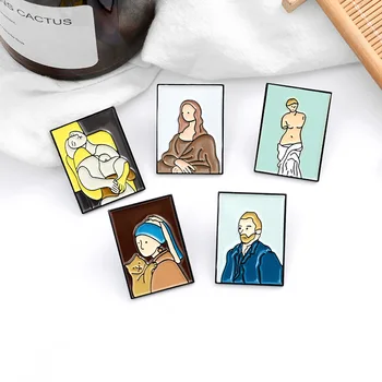 Mona Lisa Van Gogho Tapybai Sagė Marškinių Apykaklės Maišelį Smeigtukai Emalio Broches Vyrams, Moterims Ženklelis Pušys Sagės Papuošalai, Aksesuarai