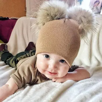 2017 Nauja Vaikų Bamblys Vaikams Baby Šiltos Žiemos Vilnos Trikotažo Beanie Kailio Pom Pom Bobble Skrybėlę Bžūp Žiemą Šiltą Kepurę 6M-5T